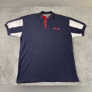 Vintage USA Patriotic Polo Shirt USA Embroidered Chest Navy Blue Stripe Sleeve